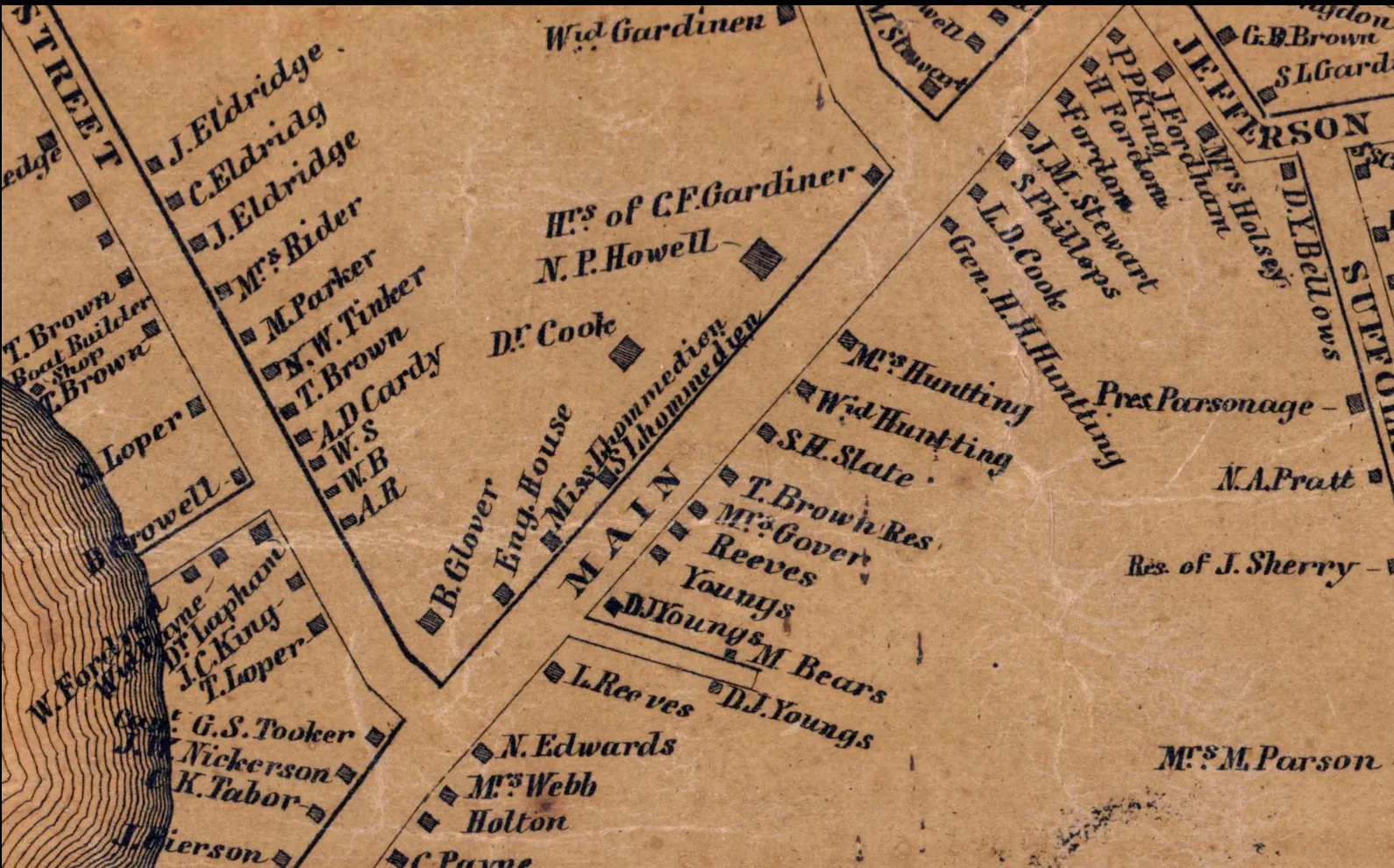 Detail of Main Street, Sag Harbor, on the 1858 Chace map, with the labels Miss Lhommedieu and S. Lhommedieu between the Engine House and Dr. Cook.