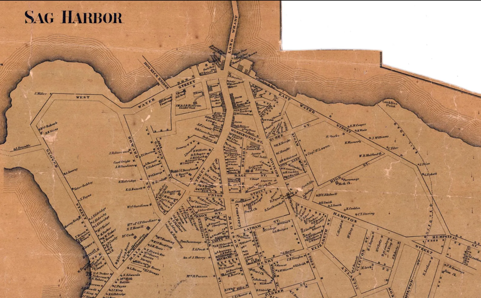 Sag Harbor inset of the 1858 Chace map, showing Long Wharf at the top, Main Street running south from it, and the village streets laid out between the harbor shores.