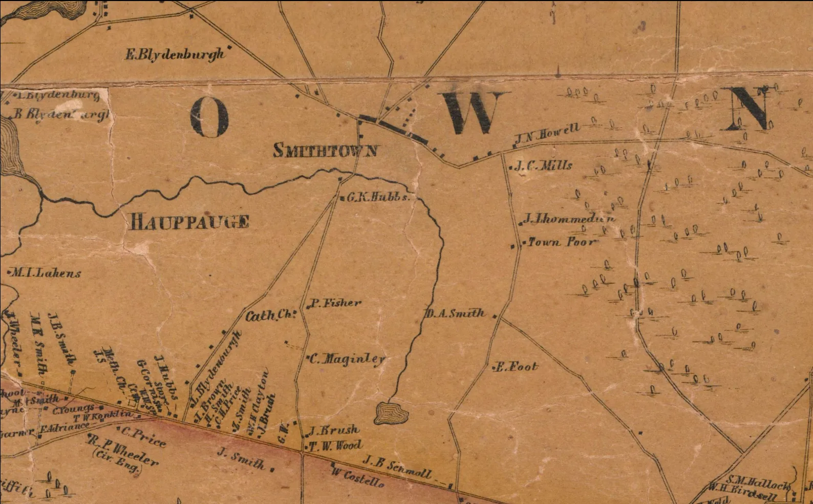 Detail of the 1858 Chace map east of Smithtown village with the label J. Lhommedieu between J. C. Mills and the Town Poor farm.
