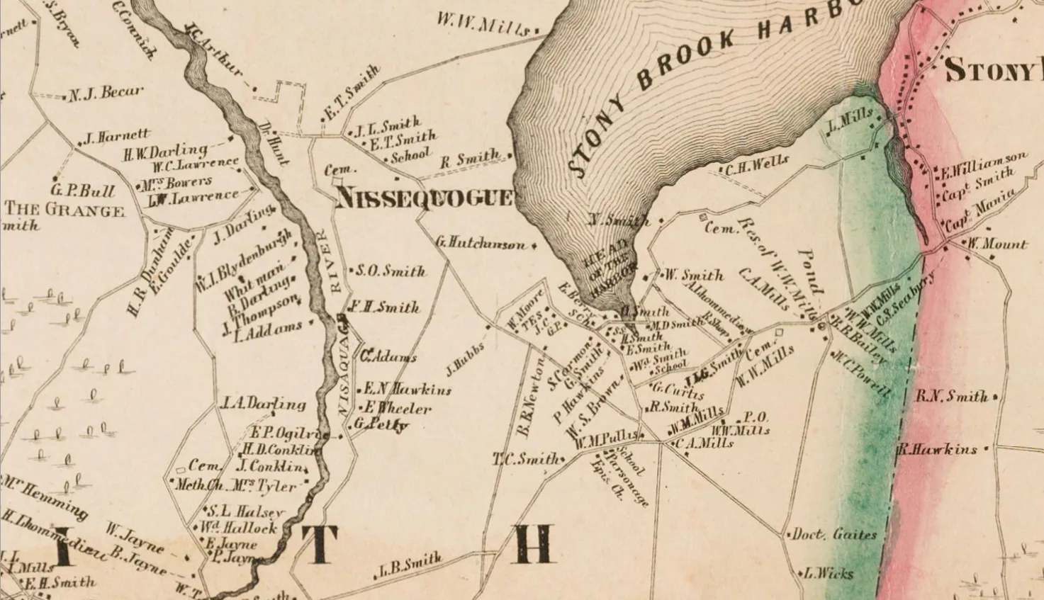 Hand-colored detail of the 1858 Chace map around Nissequogue and the Head of the Harbor at Stony Brook Harbor, with the label A. Lhommedieu just east of the head of the harbor near W. Smith and M. D. Smith, the Nissequogue River on the left, and the Brookhaven town line in pink and green on the right.