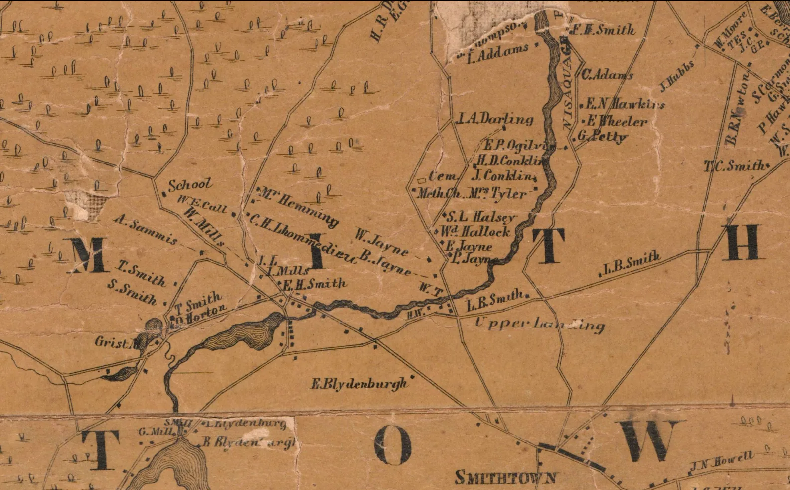 Detail of the 1858 Chace map at the Head of the River, Smithtown, with the label C. H. Lhommedieu among the Mills, Smith and Jayne households north of the mill pond.