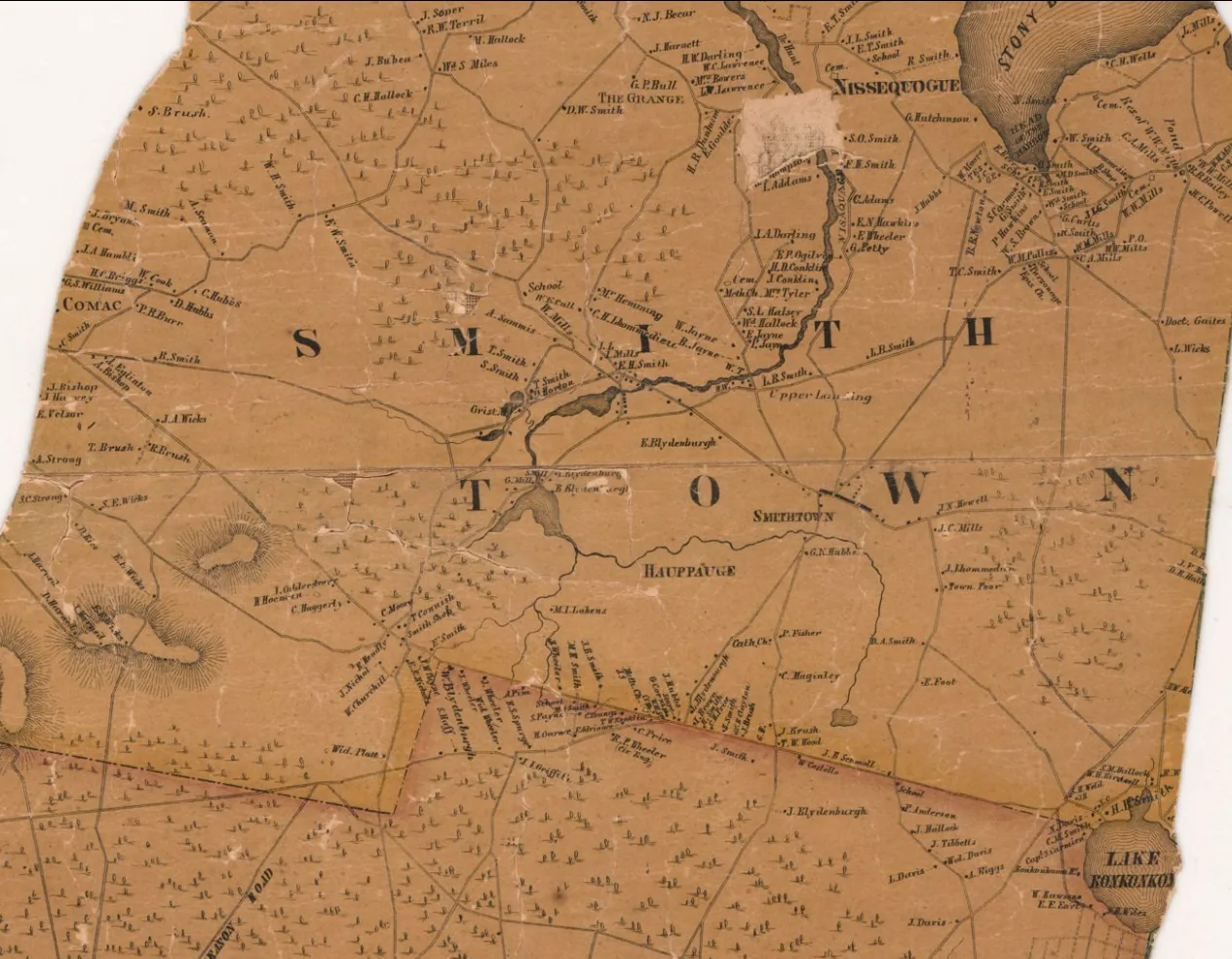 1858 Chace map of the Town of Smithtown on brown paper, showing Comac, Nissequogue, Smithtown, Hauppauge and Lake Ronkonkoma, with the Nissequogue River running north from the mill ponds to Stony Brook harbor.