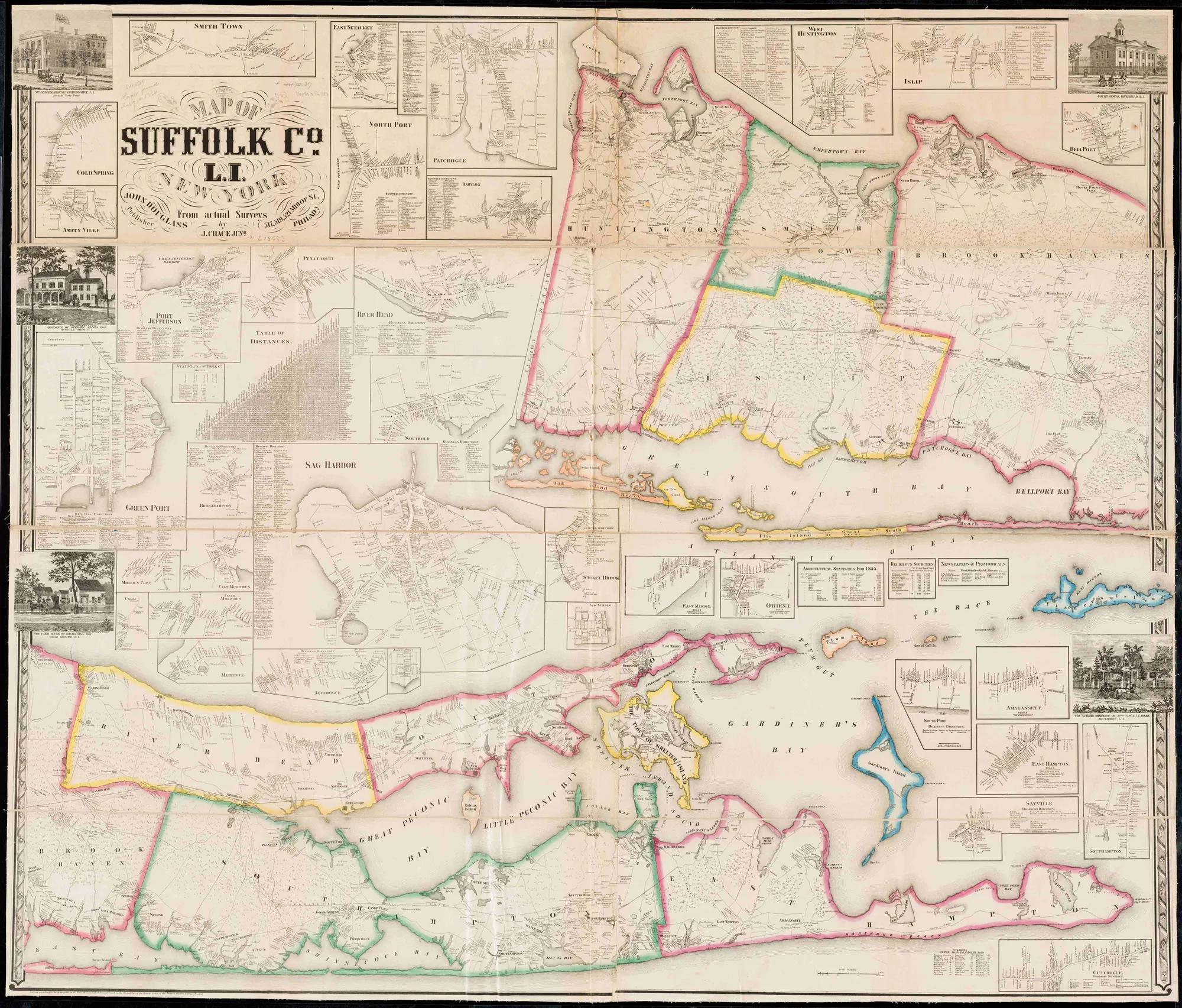 The full hand-colored 1858 J. Chace Jr. Map of Suffolk County, Long Island, with township boundaries in pink, green and yellow, the Great South Bay and Peconic Bays, and village insets, business directories, a table of distances and engraved building views filling the margins.