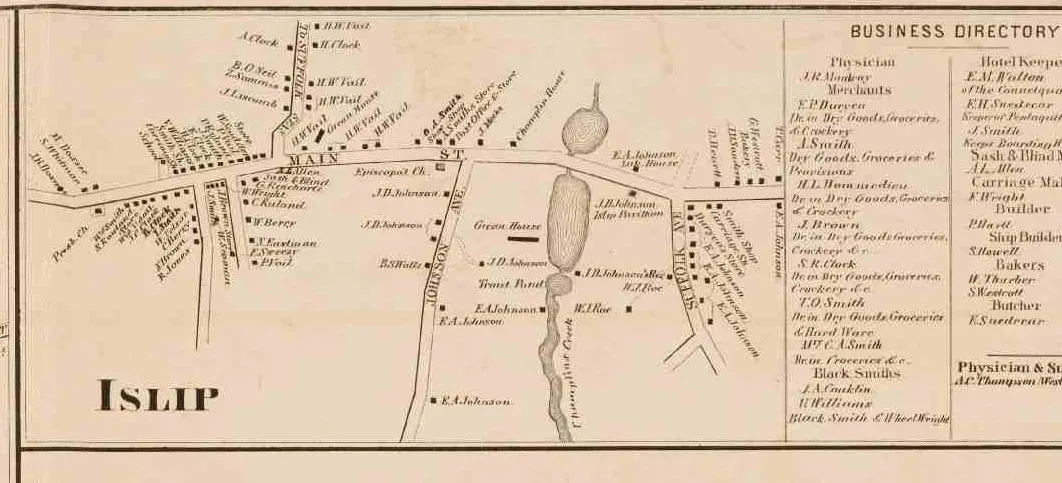 The Islip village inset from the 1858 Chace map, with Main Street, Johnson Avenue and a trout pond, and the business directory at the right listing H. L. Hommedieu as a dealer in dry goods, groceries and crockery.