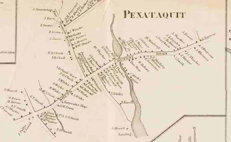 The Penataquit (Bay Shore) village inset from the 1858 Chace map, with the Country Road and South Road crossing a creek and mill pond, and the label J. Lhommedieu at the upper left on the road to Thompson Station, near J. Burr and E. Snedecor.