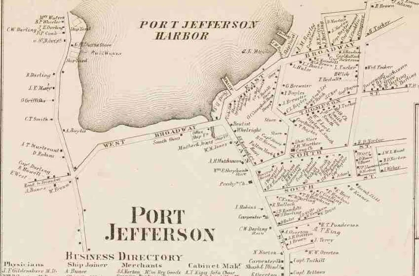 The Port Jefferson village inset from the 1858 Chace map, with Port Jefferson Harbor at the top, East and West Broadway, Main, North, South and Thompson Streets lined with house names, and the start of the business directory at the bottom.