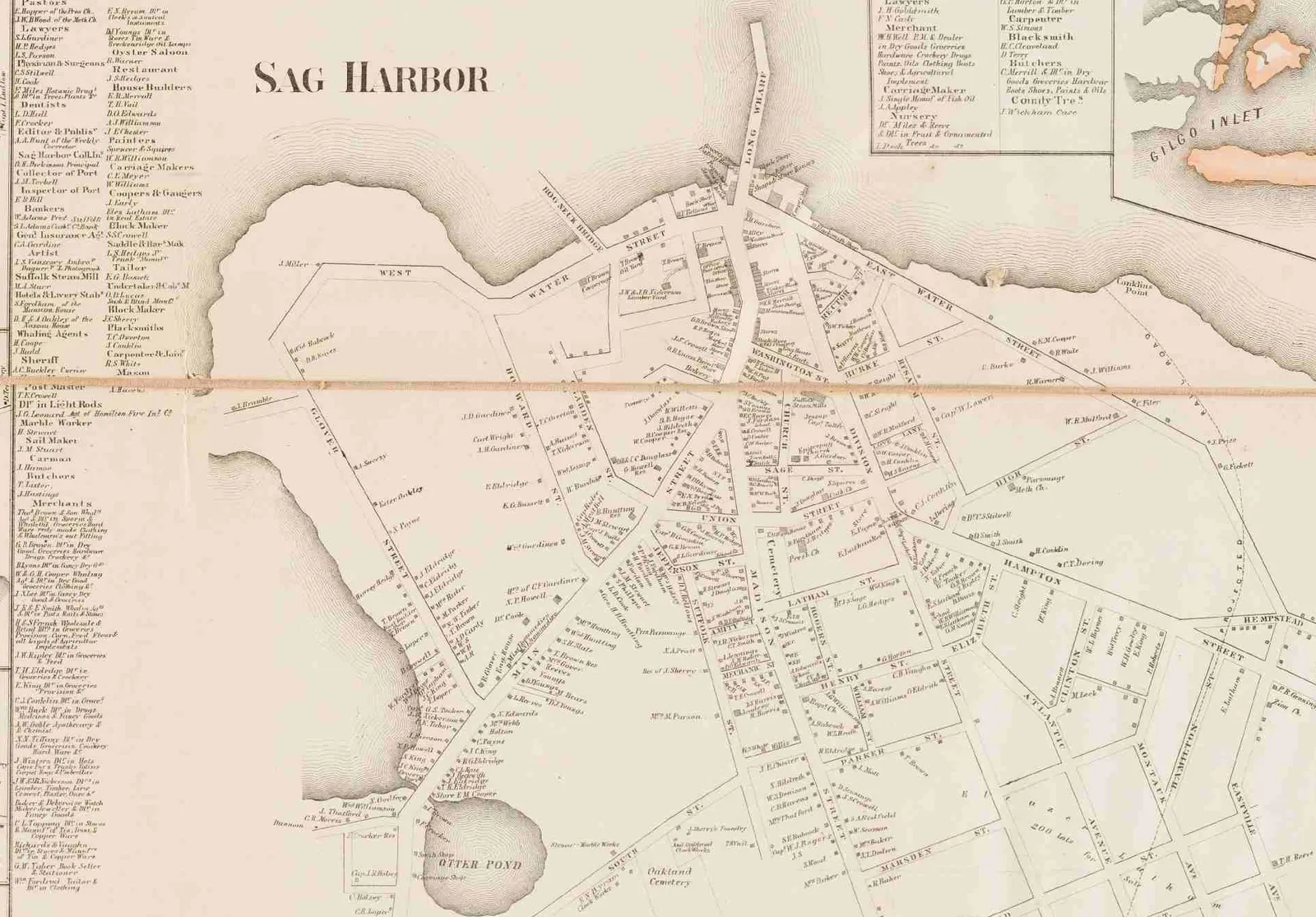 The Sag Harbor village inset from the 1858 Chace map, with the harbor and Long Wharf at the top, Main, Union, Division and Hampton Streets below, Otter Pond at the bottom, and a long business directory down the left side.