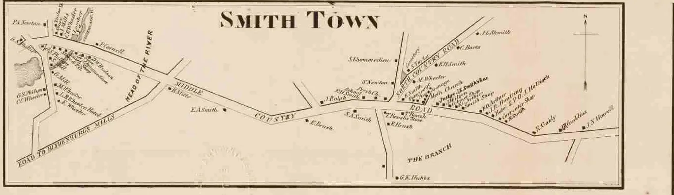 The Smith Town village inset from the 1858 Chace map, showing the Middle Country Road and North Country Road through the village, the Head of the River at left, the Branch at lower right, and the label S. Lhommedieu north of the road beside the cemetery.