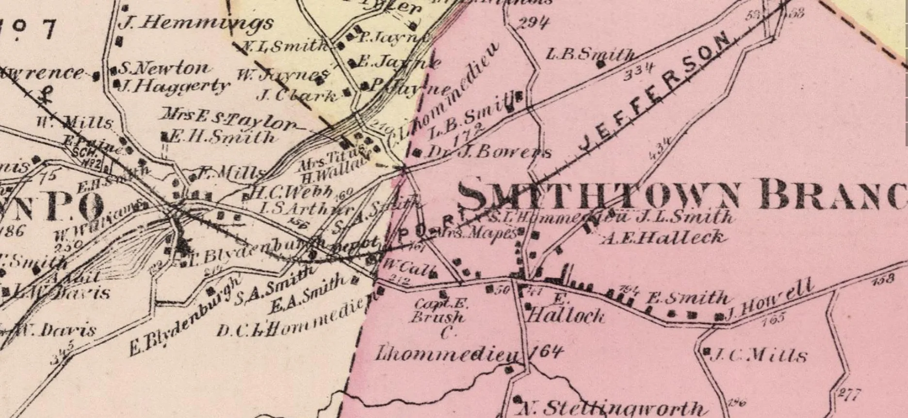 Detail of the 1873 Beers atlas from Smithtown P.O. to Smithtown Branch, with the labels C. L'Hommedieu near Dr. J. Bowers, S. L'Hommedieu beside J. L. Smith, D. C. L'Hommedieu near E. A. Smith, a second C. L'Hommedieu below Capt. E. Brush, and the railroad to Port Jefferson.