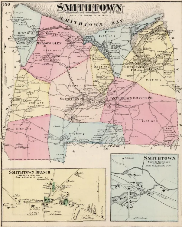 Hand-colored 1873 Beers atlas map of the Town of Smithtown, with school districts in pink, yellow and blue, Smithtown Bay at the top, and insets of Smithtown Branch and the Smithtown mill pond along the bottom.